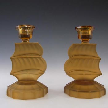 Art Deco Frosted Amber Glass Sailing Ships Candlesticks