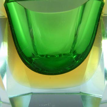 Murano Faceted Green & Amber Sommerso Glass Block Bowl