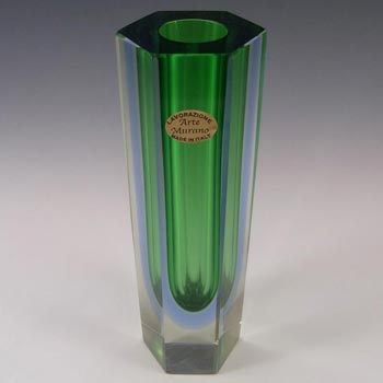 Murano 8" Faceted Green & Blue Sommerso Glass Block Vase