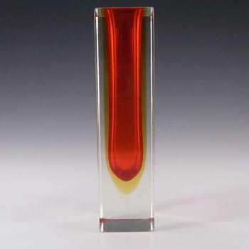 Murano 8\" Faceted Red & Amber Sommerso Glass Block Vase