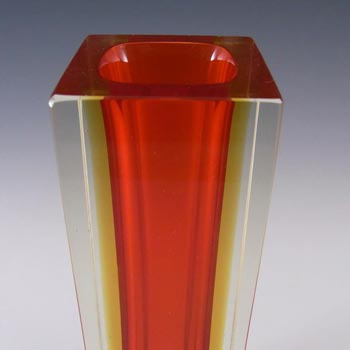 Murano 8" Faceted Red & Amber Sommerso Glass Block Vase
