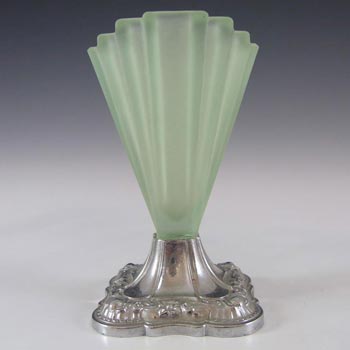 Bagley #334 Art Deco 4.5" Green Glass & Chrome 'Grantham' Vase