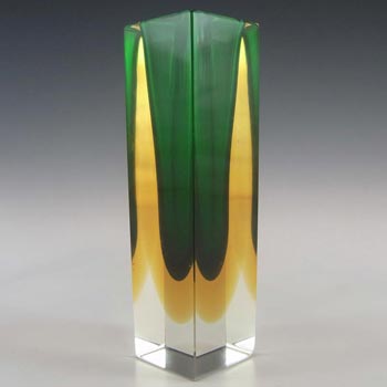 Murano Faceted Green & Amber Sommerso Glass Block Vase