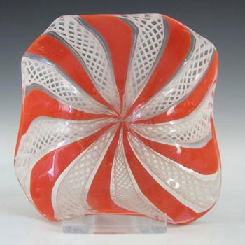 Murano Red & White Glass Zanfirico Filigree Bowl