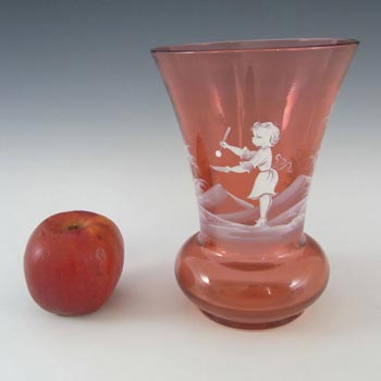 Mary Gregory Bohemian Hand Enamelled Cranberry Glass Vase