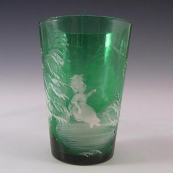 Mary Gregory Bohemian Hand Enamelled Green Glass Tumbler #1