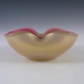 Archimede Seguso Murano Biomorphic Pink & White Glass Gold Leaf Bowl
