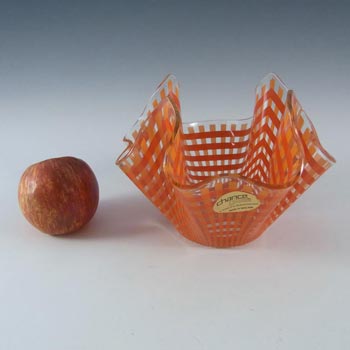 Chance Brothers Orange Glass "Gingham" Handkerchief Vase - Label