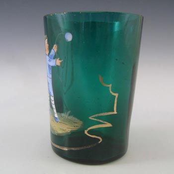 Mary Gregory Bohemian Hand Enamelled Green Glass Tumbler