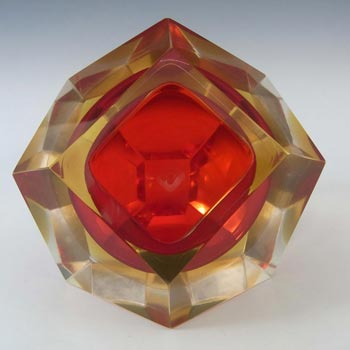 Murano Faceted Red & Amber Sommerso Glass Block Bowl #2