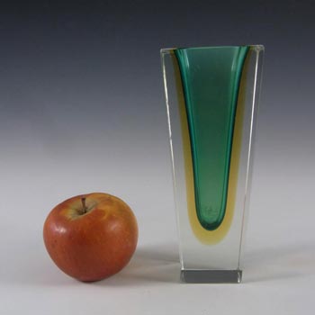 Murano Faceted Green & Amber Sommerso Glass Block Vase