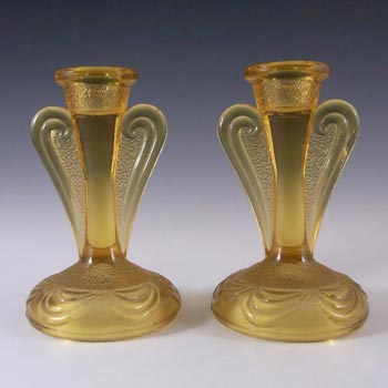 Bagley #3078 Art Deco Vintage Amber Glass 'Rutland' Candlesticks