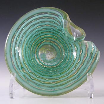 Barovier & Toso Green Stripe & Gold Leaf Murano Glass Bowl - Signed