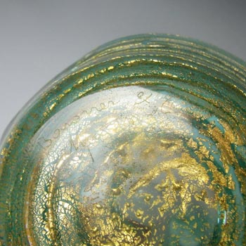 Barovier & Toso Green Stripe & Gold Leaf Murano Glass Bowl - Signed