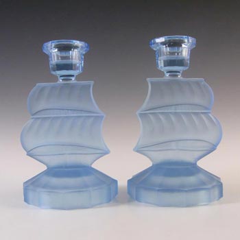 Art Deco 1930\'s Blue Frosted Glass Ship Candlesticks
