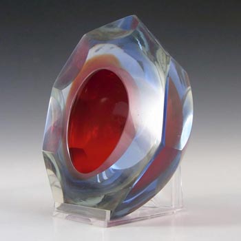 Murano Faceted Blue & Red Sommerso Glass Block Bowl