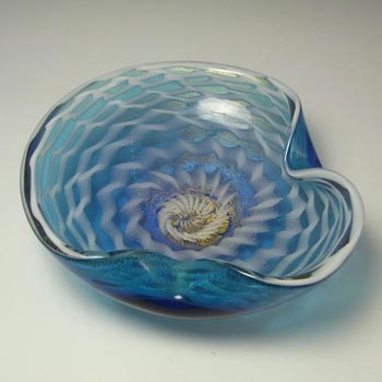 Murano Gold Leaf Blue & White Glass Zig Zag Bowl