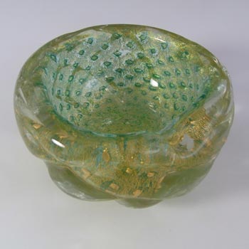 Barovier & Toso Murano Gold Leaf Bullicante Green Glass Bowl