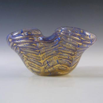 Barovier & Toso Murano Blue Stripe & Gold Leaf Blue Glass Bowl
