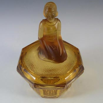 Art Deco Amber Glass Lady Figurine Trinket Pot/Powder Bowl