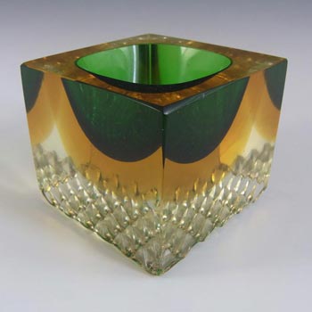 Murano Faceted Green & Amber Sommerso Glass Block Bowl