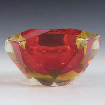 Murano Faceted Red & Amber Sommerso Glass Block Bowl #4