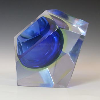 Murano Faceted Blue & Uranium Sommerso Glass Block Bowl