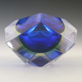 Murano Faceted Blue & Uranium Sommerso Glass Block Bowl
