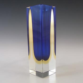 Murano Faceted Blue & Amber Sommerso Glass Block Vase #1