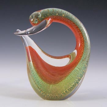 Murano Red & Green Gold Leaf Sommerso Glass Swan Figurine