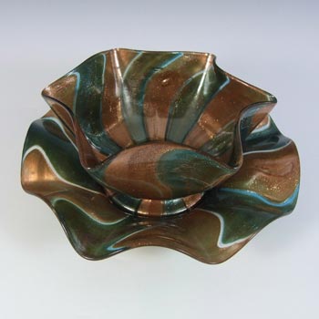 Salviati Green & Copper Aventurine Glass Finger Bowl + Plate