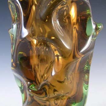 Skrdlovice #5988 Czech Amber & Green Glass Vase by Jan Beránek