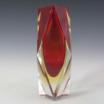 SIGNED Murano Faceted Red & Amber Sommerso Glass Block Vase