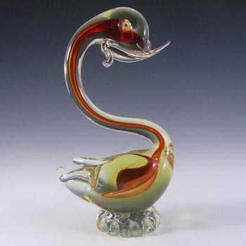 Murano/Sommerso Red & Amber Cased Glass Swan Sculpture #2