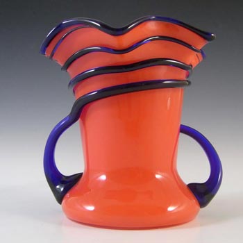 Czech Orangey Red Glass Tango Vase w Blue Trailing, Art Deco