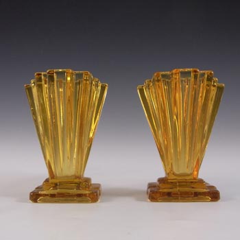 Bagley #334 Pair of Art Deco 4" Amber Glass 'Grantham' Vases