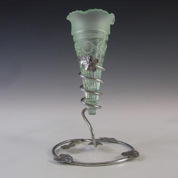 Bagley #3187 Art Deco 6.25" Green Glass & Metal 'Katherine' Vase