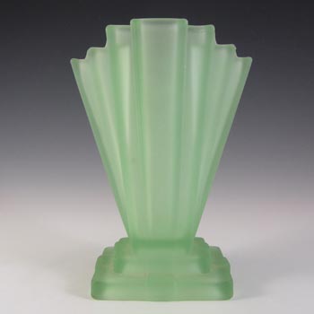 Bagley #334 Art Deco 8" Frosted Green Glass 'Grantham' Vase