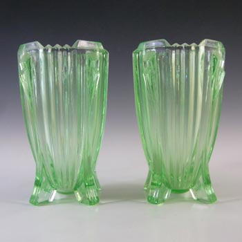 Bagley #3057 Pair of 5.75\" Art Deco Uranium Green Glass Bedford Vases