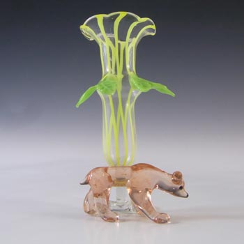 Bimini or Lauscha Yellow & Pink Lampworked Glass Dog Vase