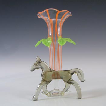 Bimini or Lauscha Orange & Grey Lampworked Glass Horse Vase