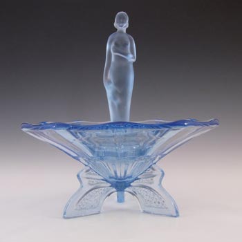 Müller & Co Art Deco Blue Glass Nude Lady Figurine & Bowl Centerpiece