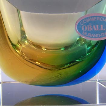 LABELLED Oball Murano Faceted Amber & Blue Sommerso Glass Block Bowl
