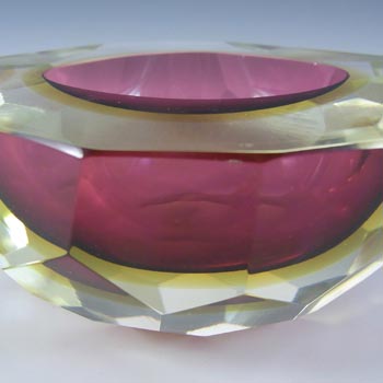 Large Murano Faceted Pink & Amber Sommerso Glass Block Bowl