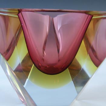 Murano Faceted Pink & Amber Sommerso Glass Vintage Block Bowl
