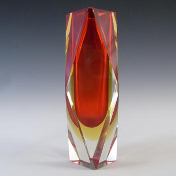 Murano Faceted Red & Amber Sommerso Glass Vintage Block Vase