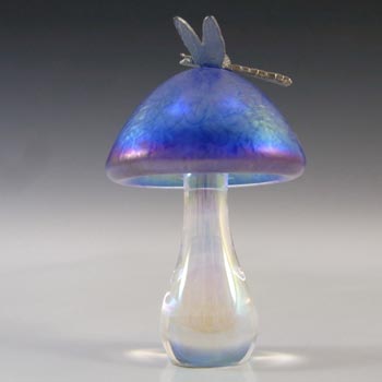 LABELLED Heron Glass Blue Iridescent Mushroom & Dragonfly