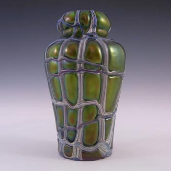 Kralik Art Nouveau Iridescent Green Veined Antique Glass Vase