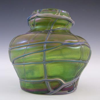 Kralik Art Nouveau Iridescent Green Threaded 1900's Glass Vase