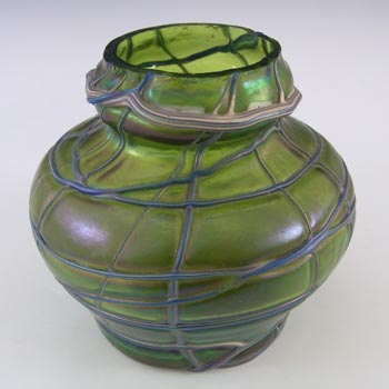 (image for) Kralik Art Nouveau Iridescent Green Threaded 1900's Glass Vase - Click Image to Close